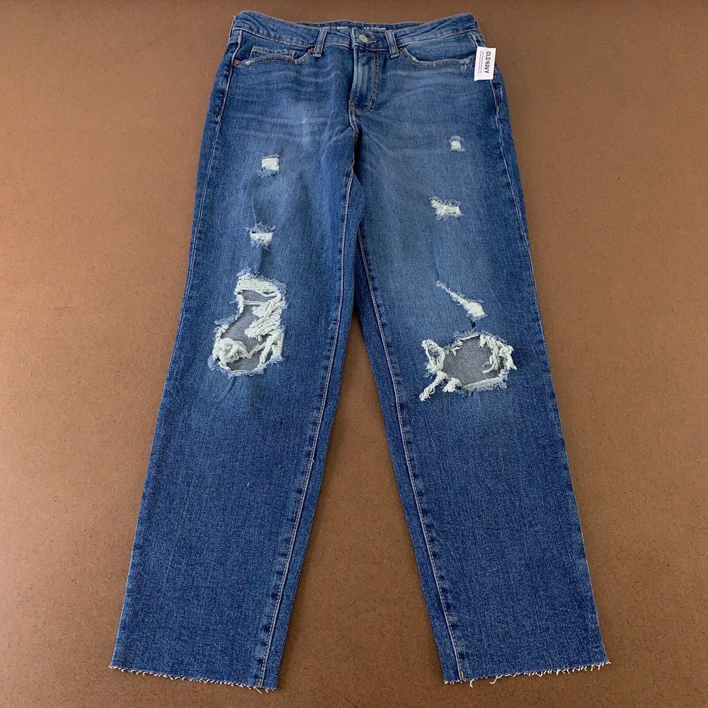 Old Navy Women's 8 Ripped Denim High-Waisted OG Straight Cut-Off Ankle Jeans NWT